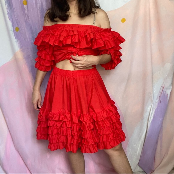 VINTAGE Red Ruffle Square-dancing 2 Piece Set - Picture 3 of 9